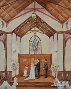 Kathe and Todd. Wedding Painting of All Saints Chapel Ceremony. 20x16 Watercolor Studio Commission.
