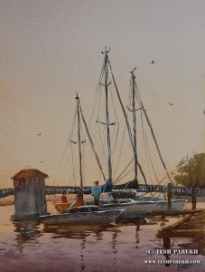 “Docked- New Bern”. 16×12. Watercolor on paper.