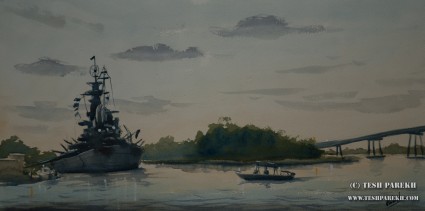 USS North Carolina. Plein Air. Watercolor on paper.