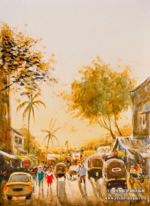 "Mumbai Street Scene". 12x9. Watercolor on paper. By Tesh Parekh