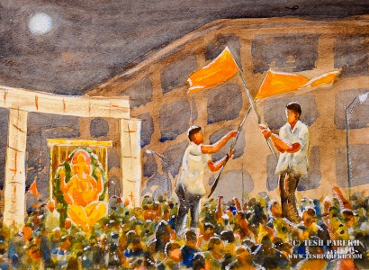 "The Lord Ganesha Immersion Night". 9x12. Watercolor on paper. By Tesh Parekh