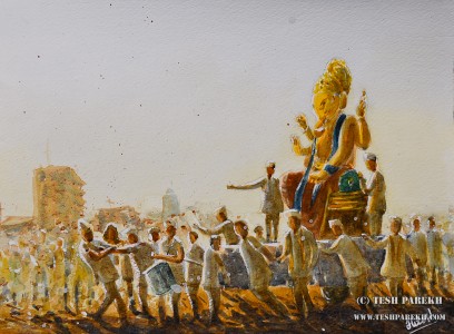 "The Lord Ganesha Immersion Procession". 9x12. Watercolor on paper. By Tesh Parekh