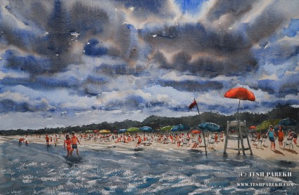 "Red Flag, Myrtle Beach". 14x21. Watercolor on paper. Artist - Tesh Parekh
