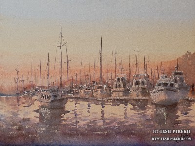 "Marina- New Bern". 12x16. Watercolor on paper. Artist - Tesh Parekh