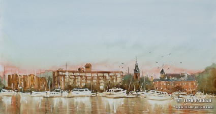 "New Bern Morning". 12x21. Watercolor on paper. Artist - Tesh Parekh 