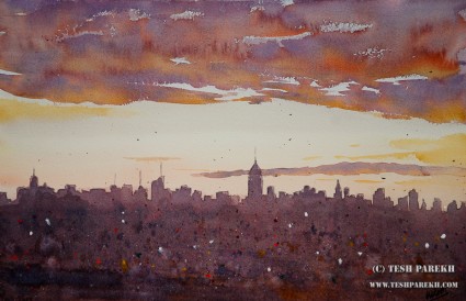 NYC Morning. 14x22. Watercolor on paper. Artist - Tesh Parekh
