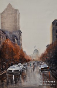 Raleigh Downtown on a rainy day. 21x14. Watercolor on a paper. Artist - Tesh Parekh
