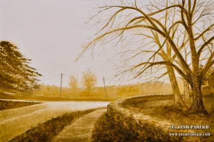Bend in the road. 14x21. Watercolor on paper. Artist - Tesh Parekh