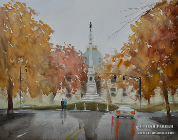 After the rain- NC State Capitol. 16x20. Watercolor. 