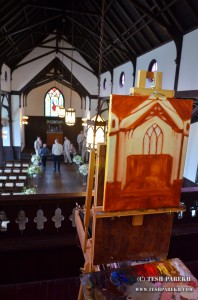 Live wedding painting of ceremony in progress at the All Saints Chapel in Raleigh NC
