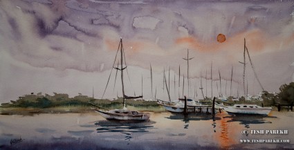 Southport Sunset. Plein Air. Watercolor on paper.