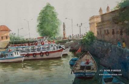 Boats at the Gateway of India. Watercolor painting on paper.