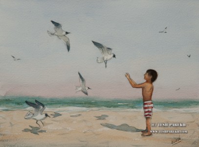 Feeding the seagulls. Watercolor painting on paper.
