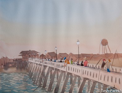 Fishing at the Pier, Wrightsville Beach. Plein air. Watercolor painting on paper.