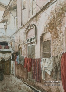 Wash Day. Watercolor painting on paper. Clothes are still hand washed and dried on the clothes line.