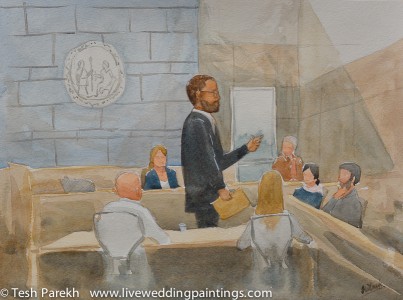 Courtroom painting. Watercolor commission on paper.