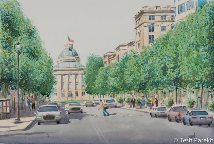 Sunny Day, Raleigh Downtown. Watercolor painting on paper.
