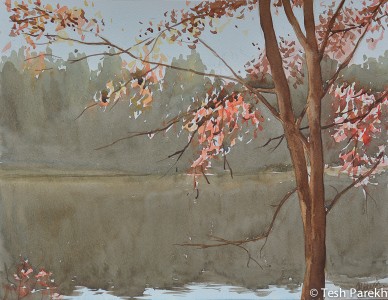 Autumn at Upper lake. Watercolor painting on paper..
