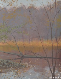 Autumn dusk at Lower lake. Gouache painting on paper.