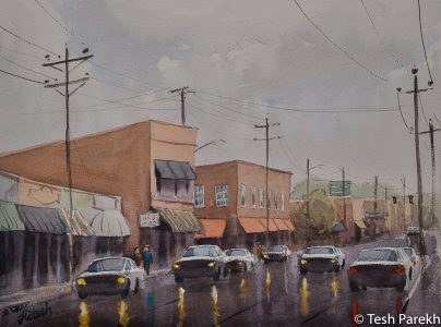 "Wet Day in Kinston". 2nd place winner in 2016 Kinston annual plein air paint out. 12x16. Watercolor on paper. Original sold. Prints available. Kinston NC paintings.
