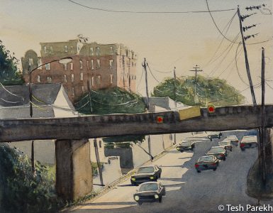 Raleigh Art - "Peace Street Bridge". Watercolor on paper. Original sold- prints available. 