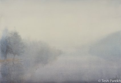"Lower Lake Mist". Misty Landscape painting. Watercolor painting on paper. 13x19. 