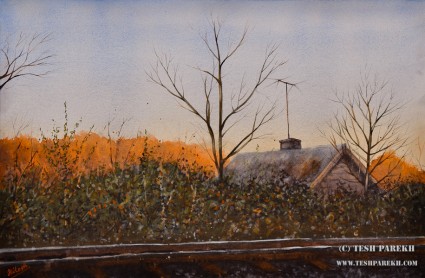 House by the railroad. 14x21. Watercolor on paper. Artist - Tesh Parekh