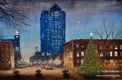 Raleigh Downtown at Christmas. 14x21. Watercolor and Gouache on paper. 