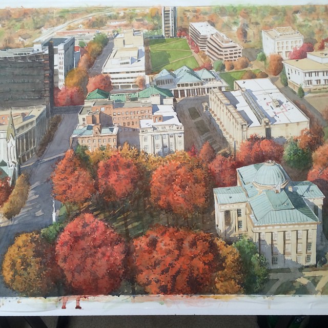 Raleigh Autumn. Watercolor on paper. Work-in-progress. 22x30. 