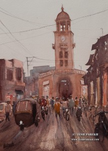 The Tower. Watercolor painting on paper. This is the tower of Amreli. 