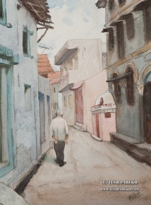 J.C. Watercolor painting on paper. My Dad walking down the street where we grew up. 
