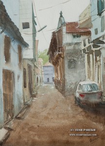Amreli Street. Watercolor painting on paper. Dusty street of Amreli. Still looks the way I remember it. 