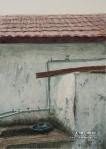 Five Dry Taps. Watercolor painting on paper. This was the bath in my childhood home. Those taps were always dry.